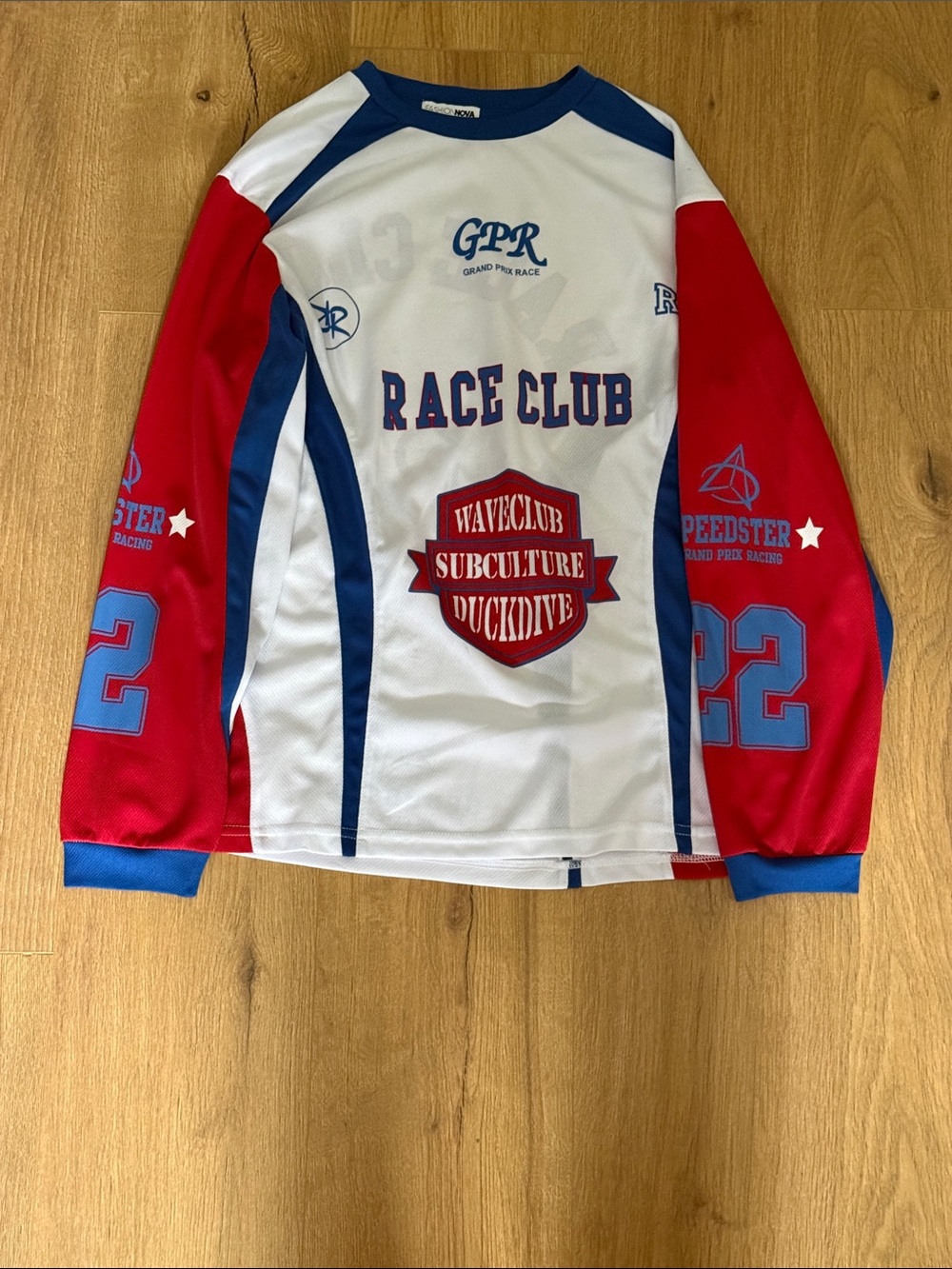 Fashion Nova Long-Sleeve Race Club Tee - White, Red & Blue